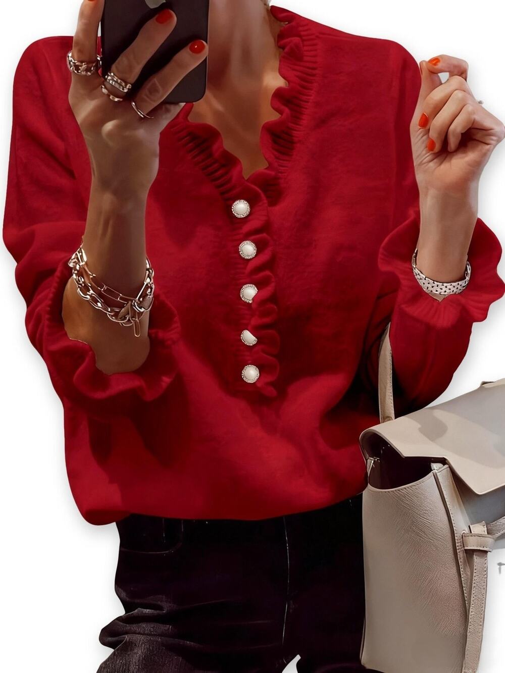 Womens Ruffle V Neck Red Cardigan Pearl Button Long Sleeve Knit S Small